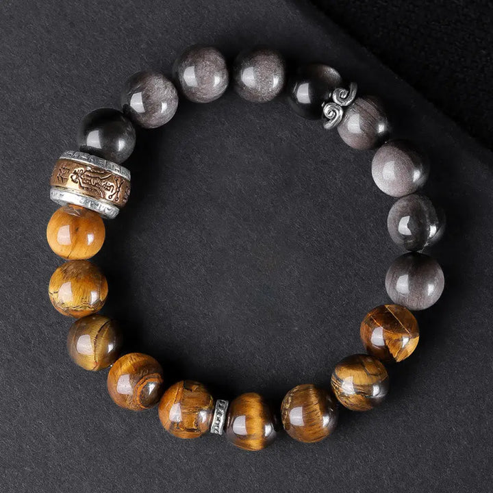Buddha Stones Natural Silver Sheen Obsidian Tiger’s Eye Six True Words ’Om Mani Padme Hum’ Strength Bracelet - BWOOOH
