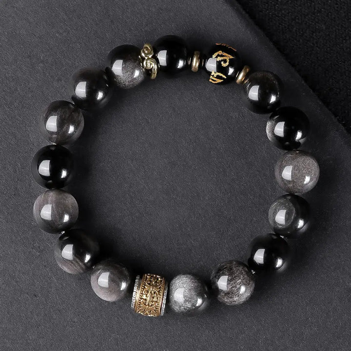 Buddha Stones Natural Silver Sheen Obsidian Tiger’s Eye Six True Words ’Om Mani Padme Hum’ Strength Bracelet - BWOOOH