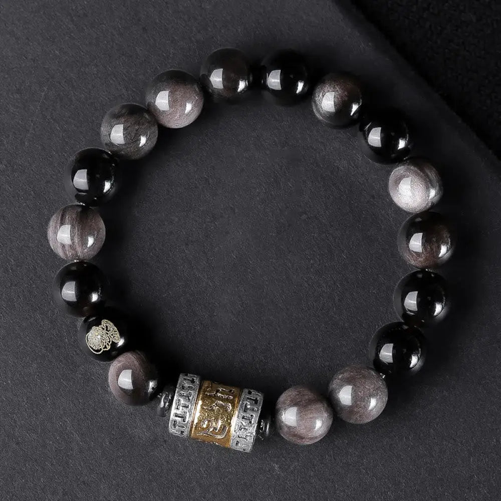 Buddha Stones Natural Silver Sheen Obsidian Tiger’s Eye Six True Words ’Om Mani Padme Hum’ Strength Bracelet - BWOOOH