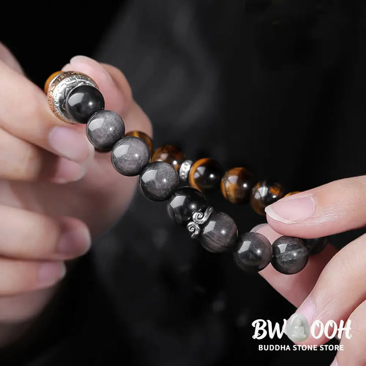 Buddha Stones Natural Silver Sheen Obsidian Tiger’s Eye Six True Words ’Om Mani Padme Hum’ Strength Bracelet - BWOOOH
