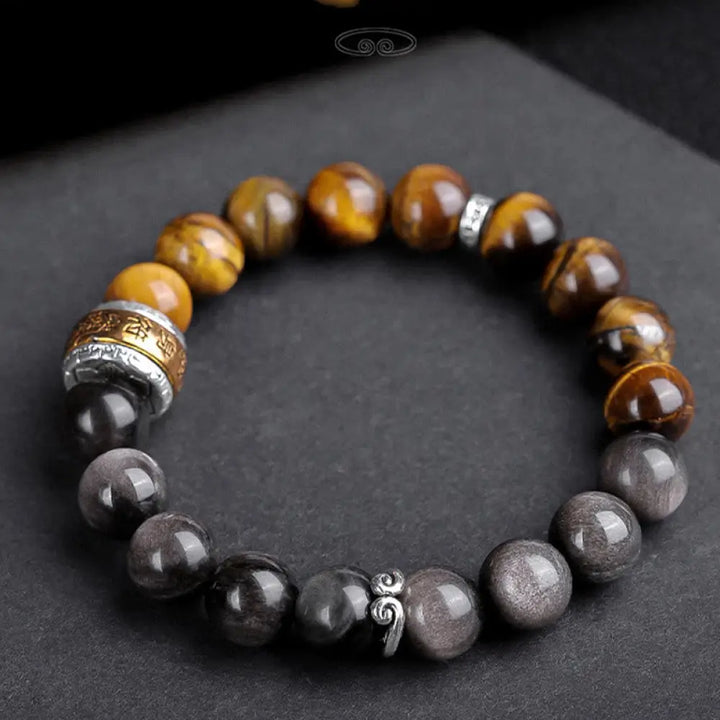BWOOOH Natural Silver Sheen Obsidian Tiger’s Eye Six True Words ’Om Mani Padme Hum’ Strength Bracelet - BWOOOH