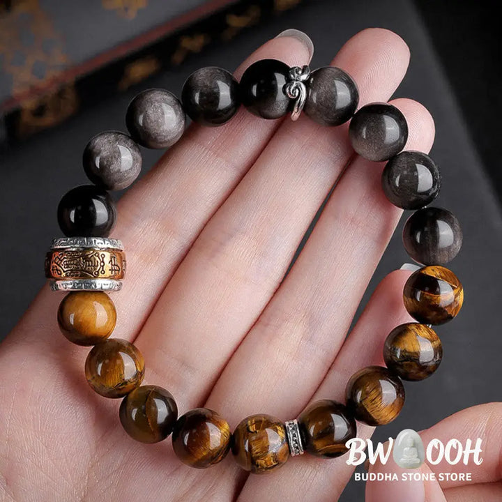 Buddha Stones Natural Silver Sheen Obsidian Tiger’s Eye Six True Words ’Om Mani Padme Hum’ Strength Bracelet - BWOOOH