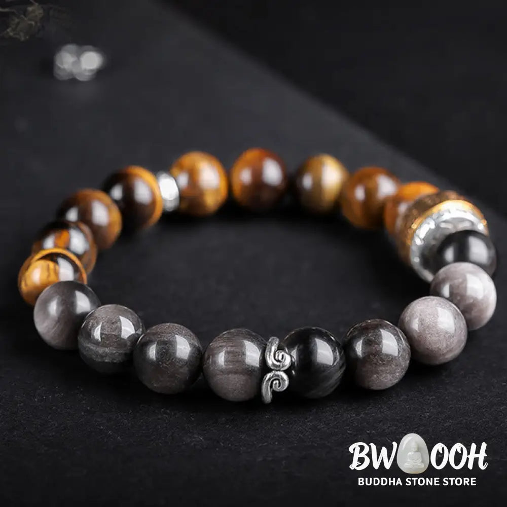 Buddha Stones Natural Silver Sheen Obsidian Tiger’s Eye Six True Words ’Om Mani Padme Hum’ Strength Bracelet - BWOOOH