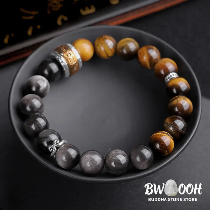 Buddha Stones Natural Silver Sheen Obsidian Tiger’s Eye Six True Words ’Om Mani Padme Hum’ Strength Bracelet - BWOOOH