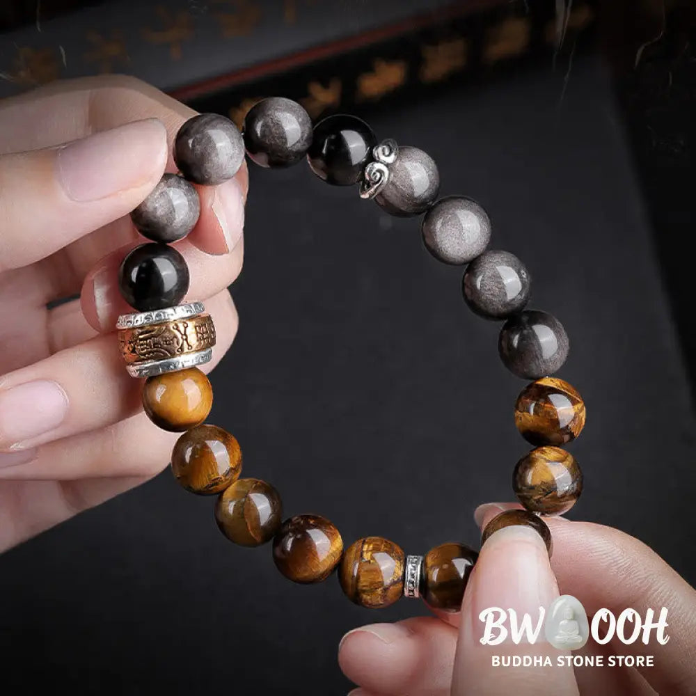 Buddha Stones Natural Silver Sheen Obsidian Tiger’s Eye Six True Words ’Om Mani Padme Hum’ Strength Bracelet - BWOOOH