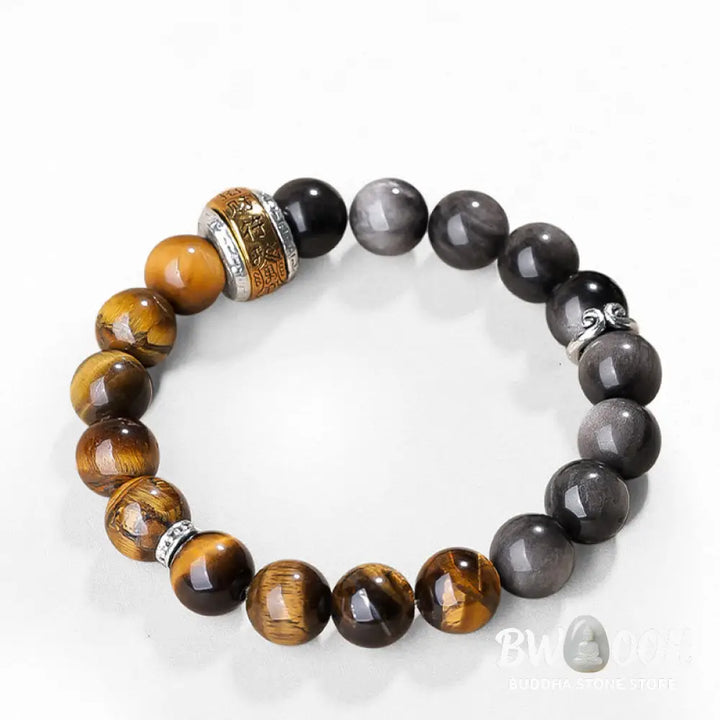Buddha Stones Natural Silver Sheen Obsidian Tiger’s Eye Six True Words ’Om Mani Padme Hum’ Strength Bracelet - BWOOOH
