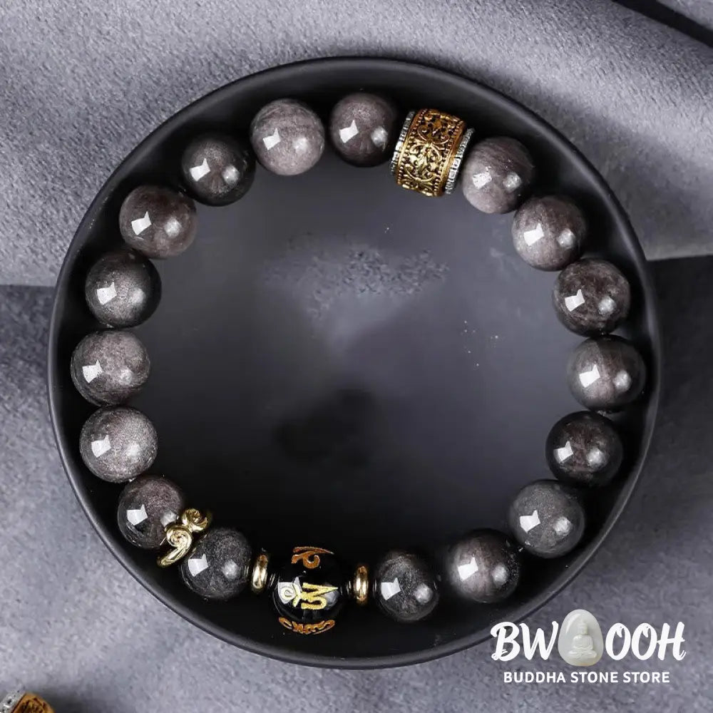 Buddha Stones Natural Silver Sheen Obsidian Tiger’s Eye Six True Words ’Om Mani Padme Hum’ Strength Bracelet - BWOOOH
