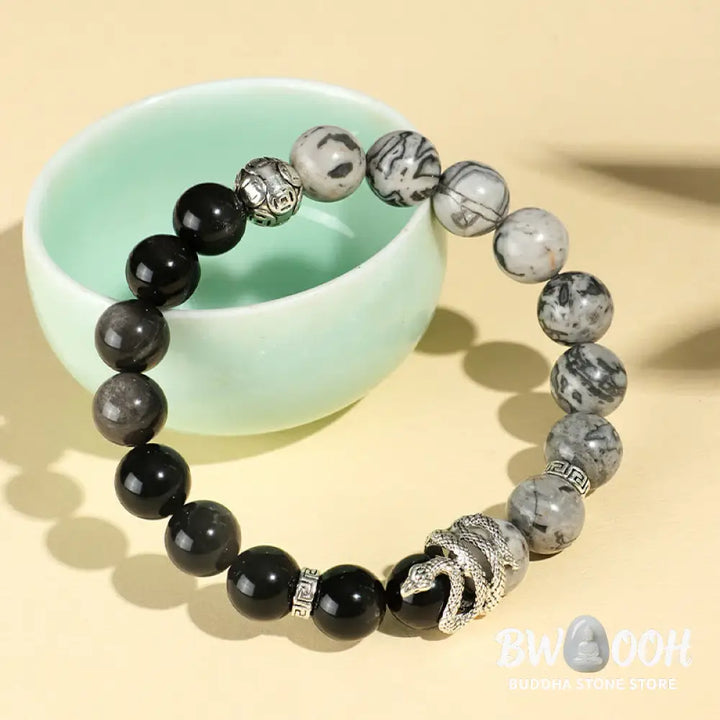 Buddha Stones Natural Silver Sheen Obsidian White Turquoise Grey Jasper Snowflake Obsidian Year Of The Snake Protection