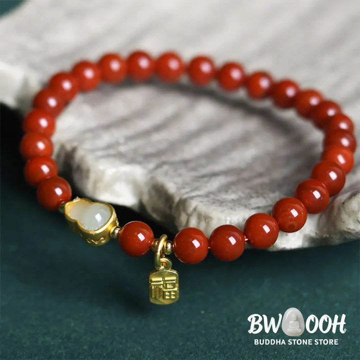 Buddha Stones Natural South Red Agate Hetian Jade Gourd Positive Bracelet - South Red Agate &amp; Jade Gourd (Wrist