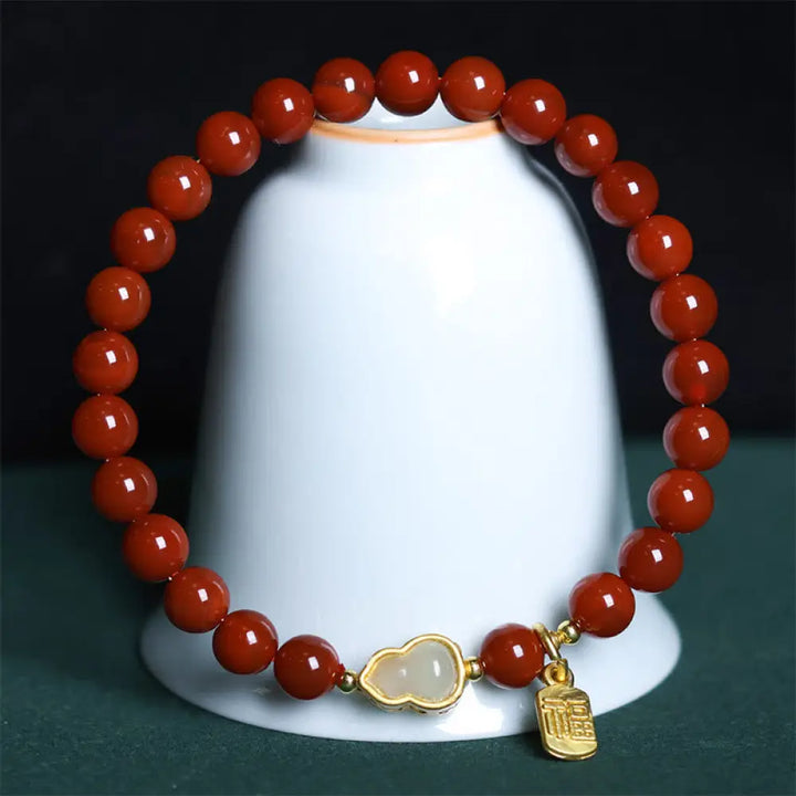 Buddha Stones Natural South Red Agate Hetian Jade Gourd Positive Bracelet - South Red Agate &amp; Jade Gourd (Wrist