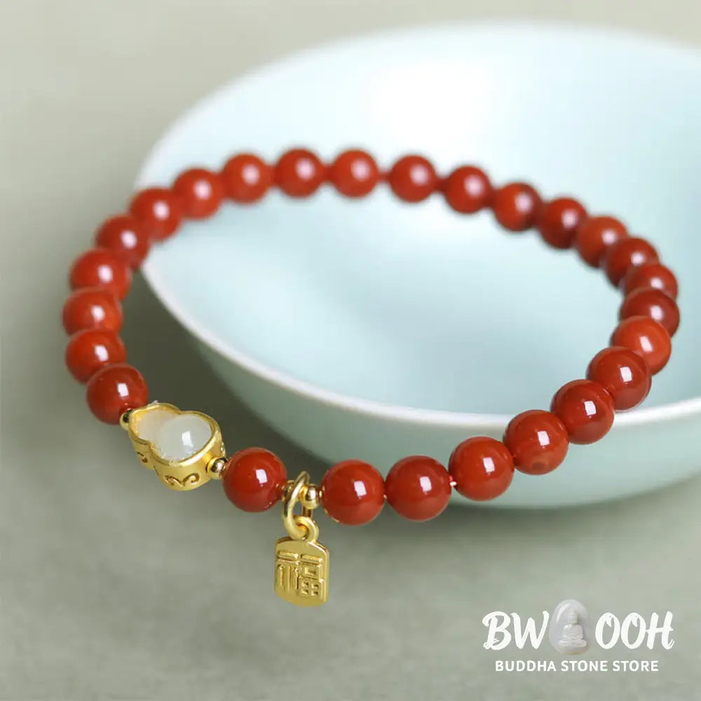 Buddha Stones Natural South Red Agate Hetian Jade Gourd Positive Bracelet - South Red Agate &amp; Jade Gourd (Wrist