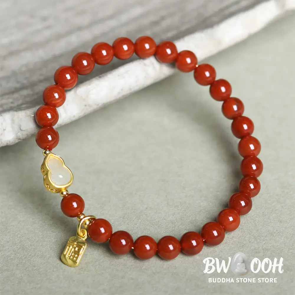 Buddha Stones Natural South Red Agate Hetian Jade Gourd Positive Bracelet - South Red Agate &amp; Jade Gourd (Wrist