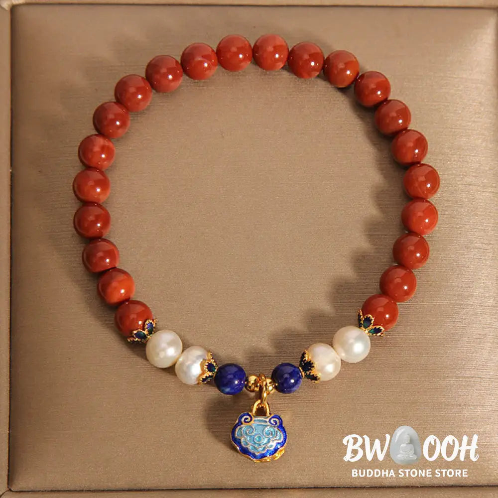 Buddha Stones Natural South Red Agate Pearl Peace Lock Charm Positive Bracelet - BWOOOH - Bracelet