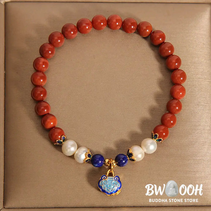 Buddha Stones Natural South Red Agate Pearl Peace Lock Charm Positive Bracelet - BWOOOH - Bracelet