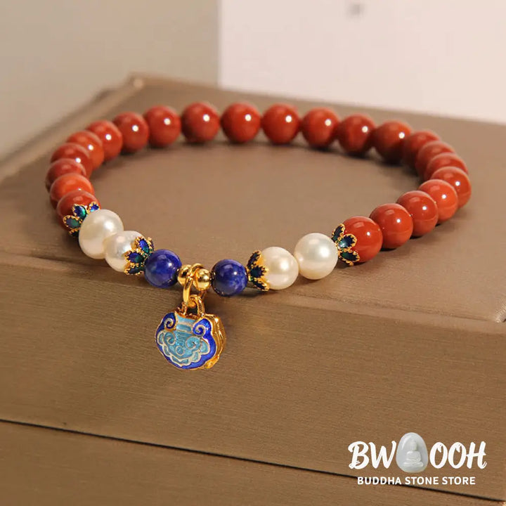 Buddha Stones Natural South Red Agate Pearl Peace Lock Charm Positive Bracelet - BWOOOH - Bracelet