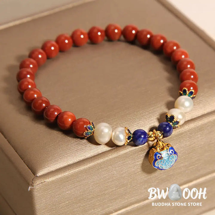 Buddha Stones Natural South Red Agate Pearl Peace Lock Charm Positive Bracelet - BWOOOH - Bracelet