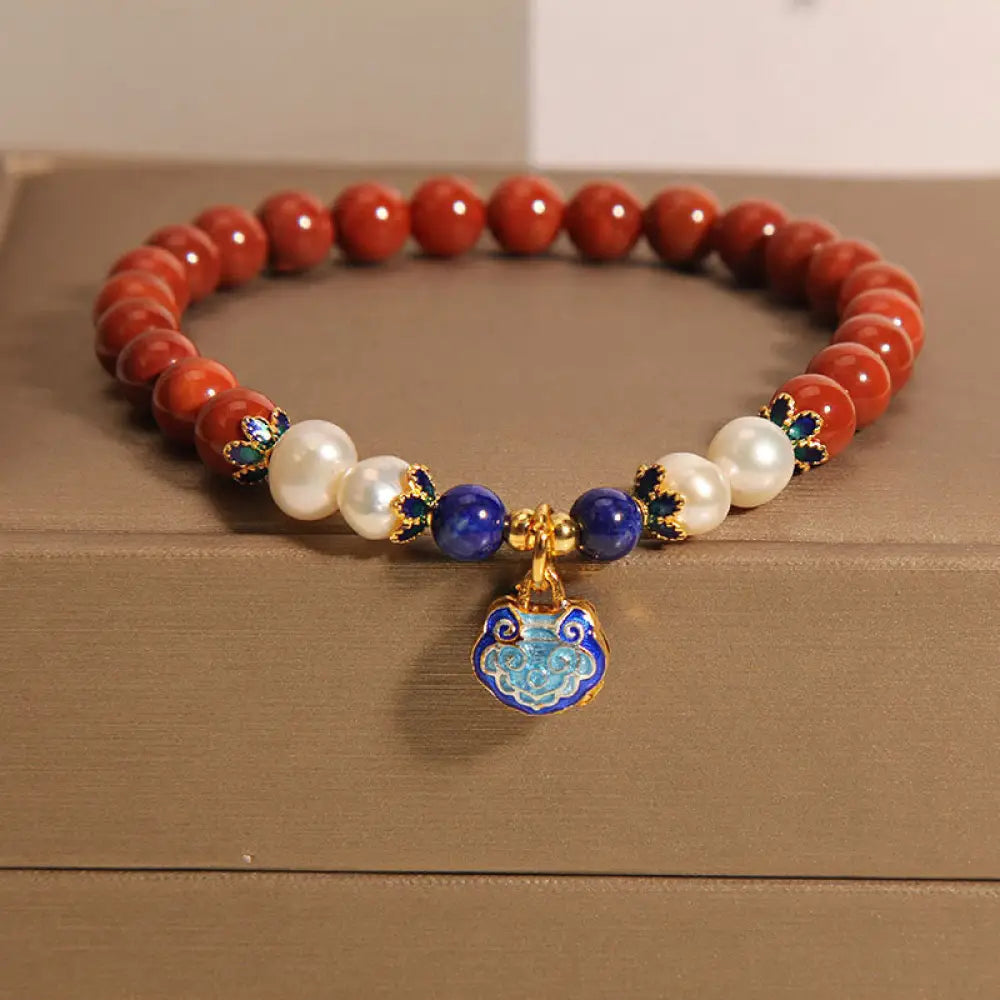 BWOOOH Natural South Red Agate Pearl Peace Lock Charm Positive Bracelet — Red Agate crystal healing bracelet for spiritual...