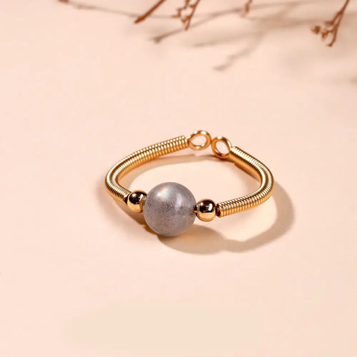 Buddha Stones Natural Stone Bead Alloy Healing Open Ring - Moonstone(Adjustable) - Ring
