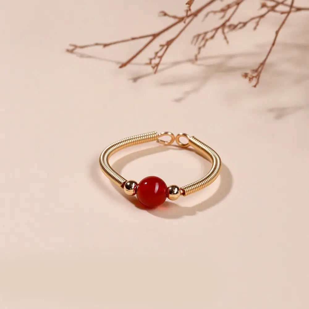 Buddha Stones Natural Stone Bead Alloy Healing Open Ring - Red Agate(Adjustable) - Ring
