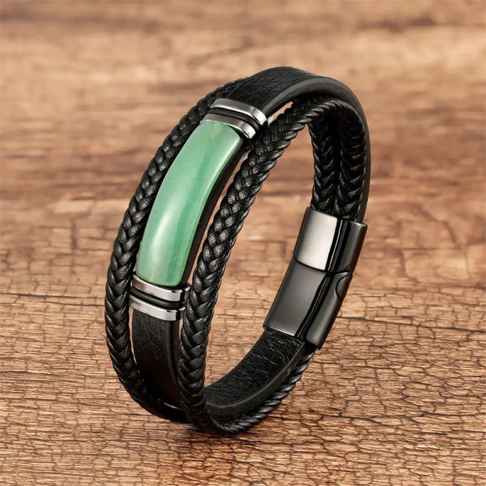 Buddha Stones Natural Stone Green Agate Power Multilayered Braided Leather Bracelet - BWOOOH - Green Aventurine / 19cm