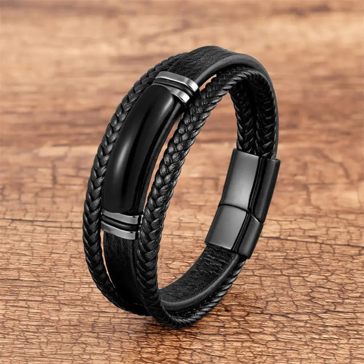 Buddha Stones Natural Stone Green Agate Power Multilayered Braided Leather Bracelet - BWOOOH - Black Onyx / 19cm