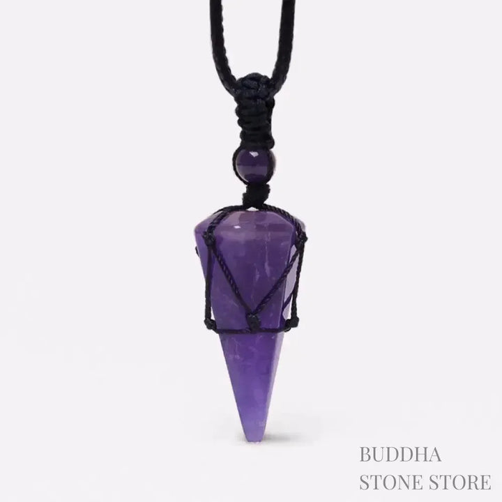 BWOOOH natural pointed pendant necklace with polished Amethyst, Tiger Eye, Black Onyx, and White Crystal, worn for spiritual courage and inner peace. - View 11