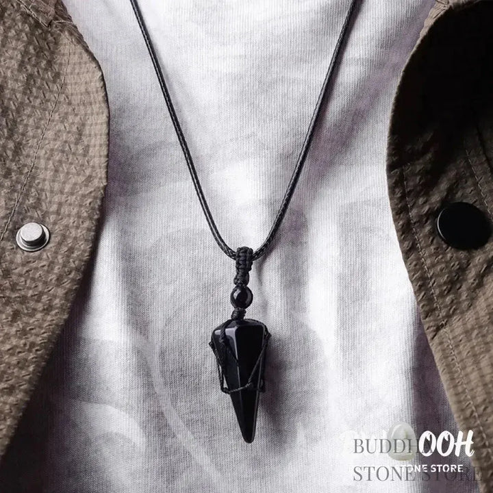 BWOOOH natural pointed pendant necklace with polished Amethyst, Tiger Eye, Black Onyx, and White Crystal, worn for spiritual courage and inner peace. - View 9