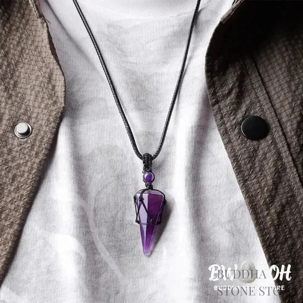 BWOOOH natural pointed pendant necklace with polished Amethyst, Tiger Eye, Black Onyx, and White Crystal, worn for spiritual courage and inner peace. - View 15