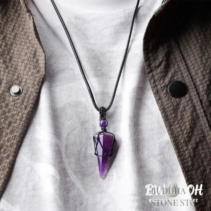 BWOOOH natural pointed pendant necklace with polished Amethyst, Tiger Eye, Black Onyx, and White Crystal, worn for spiritual courage and inner peace. - View 15