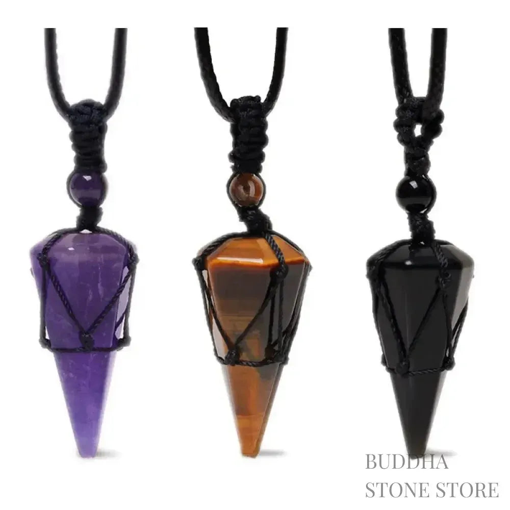 BWOOOH natural pointed pendant necklace with polished Amethyst, Tiger Eye, Black Onyx, and White Crystal, worn for spiritual courage and inner peace.
