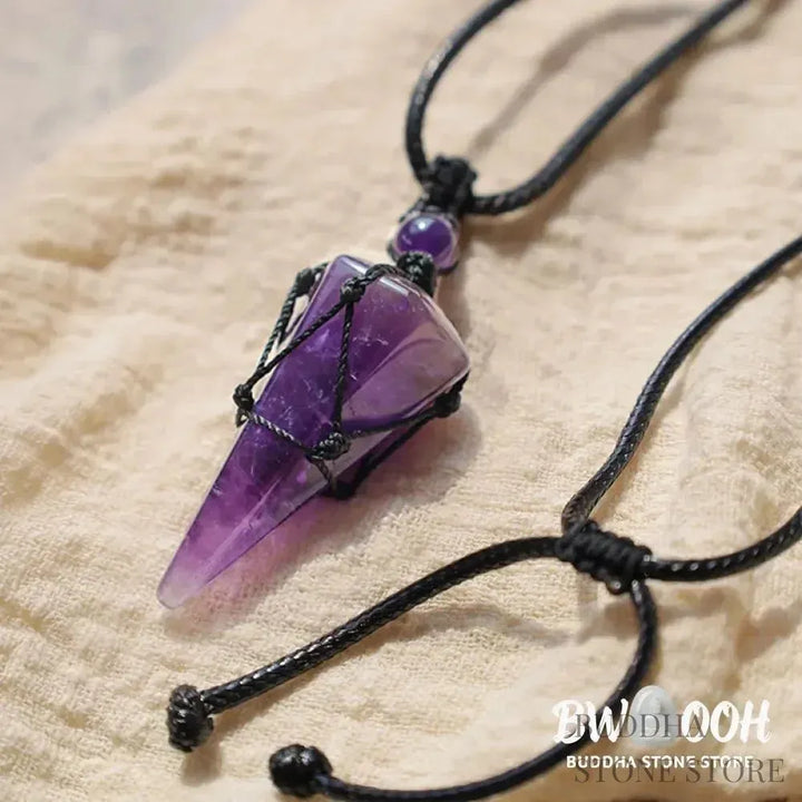 BWOOOH natural pointed pendant necklace with polished Amethyst, Tiger Eye, Black Onyx, and White Crystal, worn for spiritual courage and inner peace. - View 13