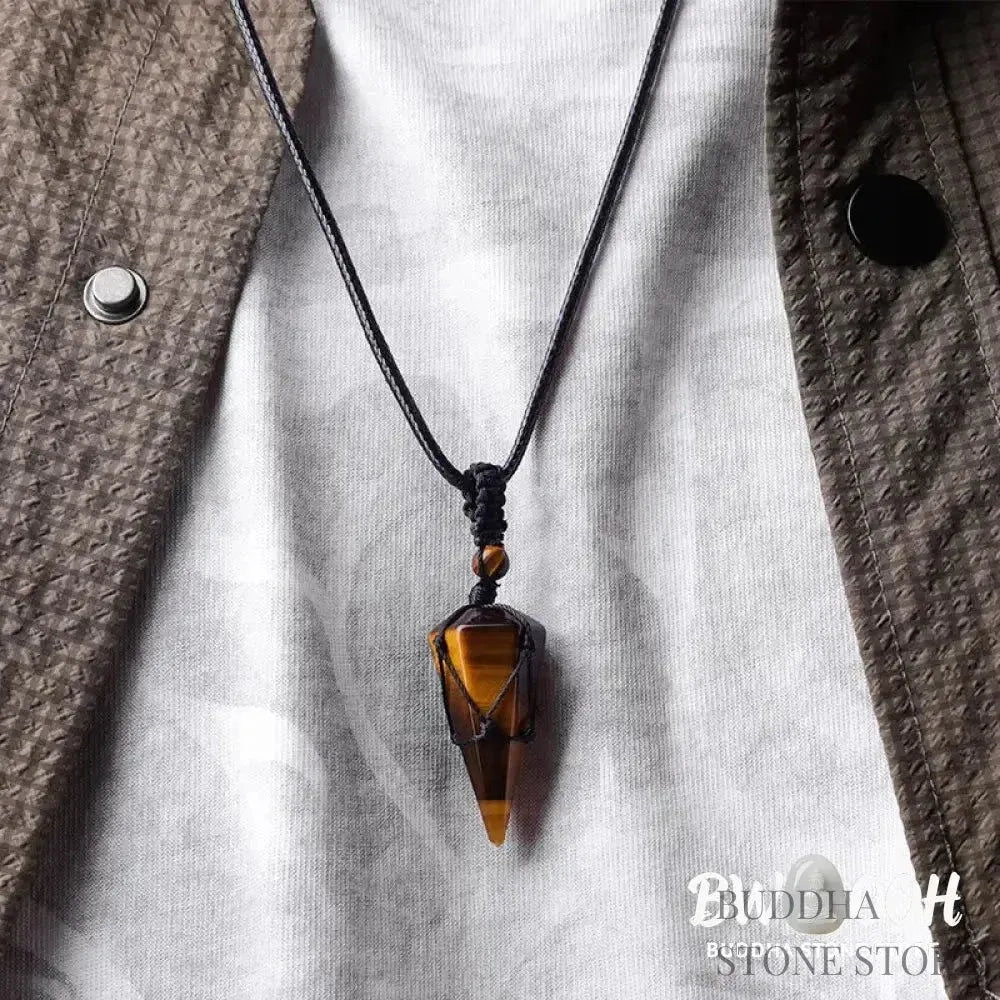 BWOOOH natural pointed pendant necklace with polished Amethyst, Tiger Eye, Black Onyx, and White Crystal, worn for spiritual courage and inner peace. - View 5