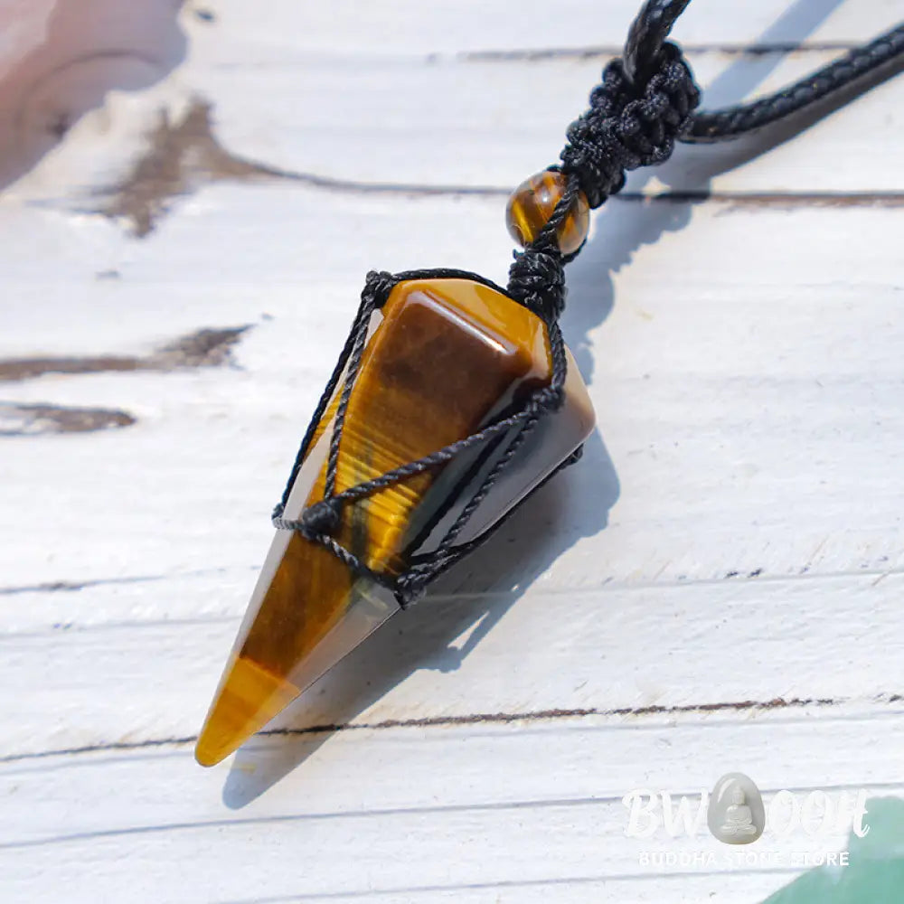 BWOOOH natural pointed pendant necklace with polished Amethyst, Tiger Eye, Black Onyx, and White Crystal, worn for spiritual courage and inner peace. - View 4