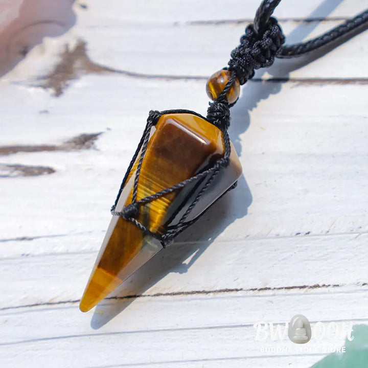 BWOOOH natural pointed pendant necklace with polished Amethyst, Tiger Eye, Black Onyx, and White Crystal, worn for spiritual courage and inner peace. - View 4