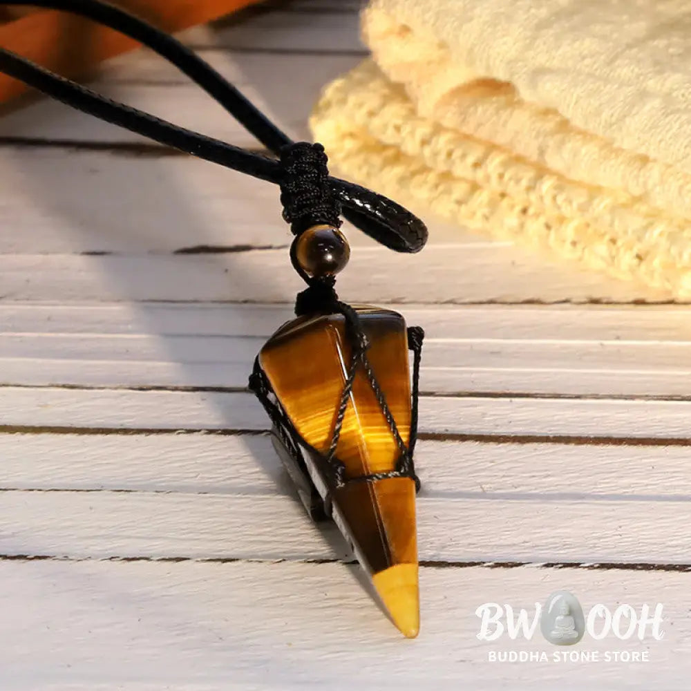 BWOOOH natural pointed pendant necklace with polished Amethyst, Tiger Eye, Black Onyx, and White Crystal, worn for spiritual courage and inner peace. - View 3