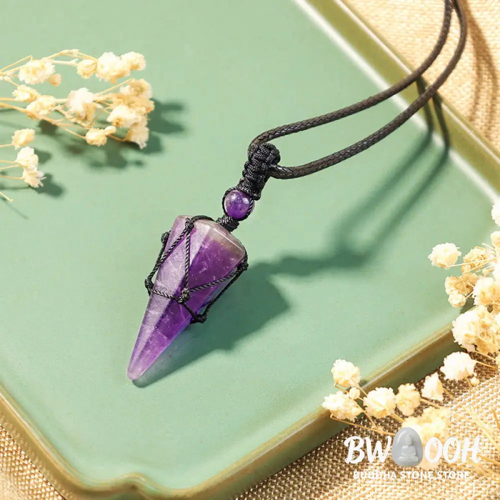 BWOOOH natural pointed pendant necklace with polished Amethyst, Tiger Eye, Black Onyx, and White Crystal, worn for spiritual courage and inner peace. - View 16