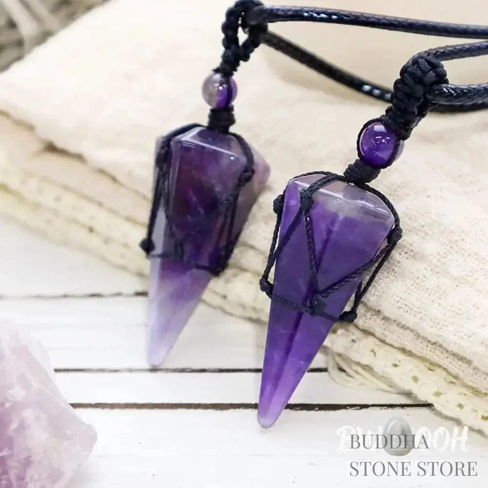 BWOOOH natural pointed pendant necklace with polished Amethyst, Tiger Eye, Black Onyx, and White Crystal, worn for spiritual courage and inner peace. - View 14