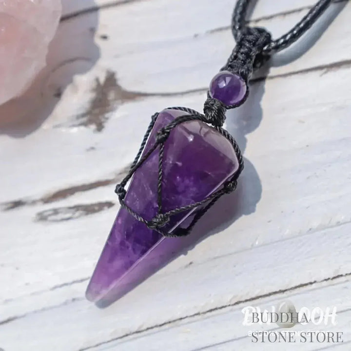 BWOOOH natural pointed pendant necklace with polished Amethyst, Tiger Eye, Black Onyx, and White Crystal, worn for spiritual courage and inner peace. - View 12