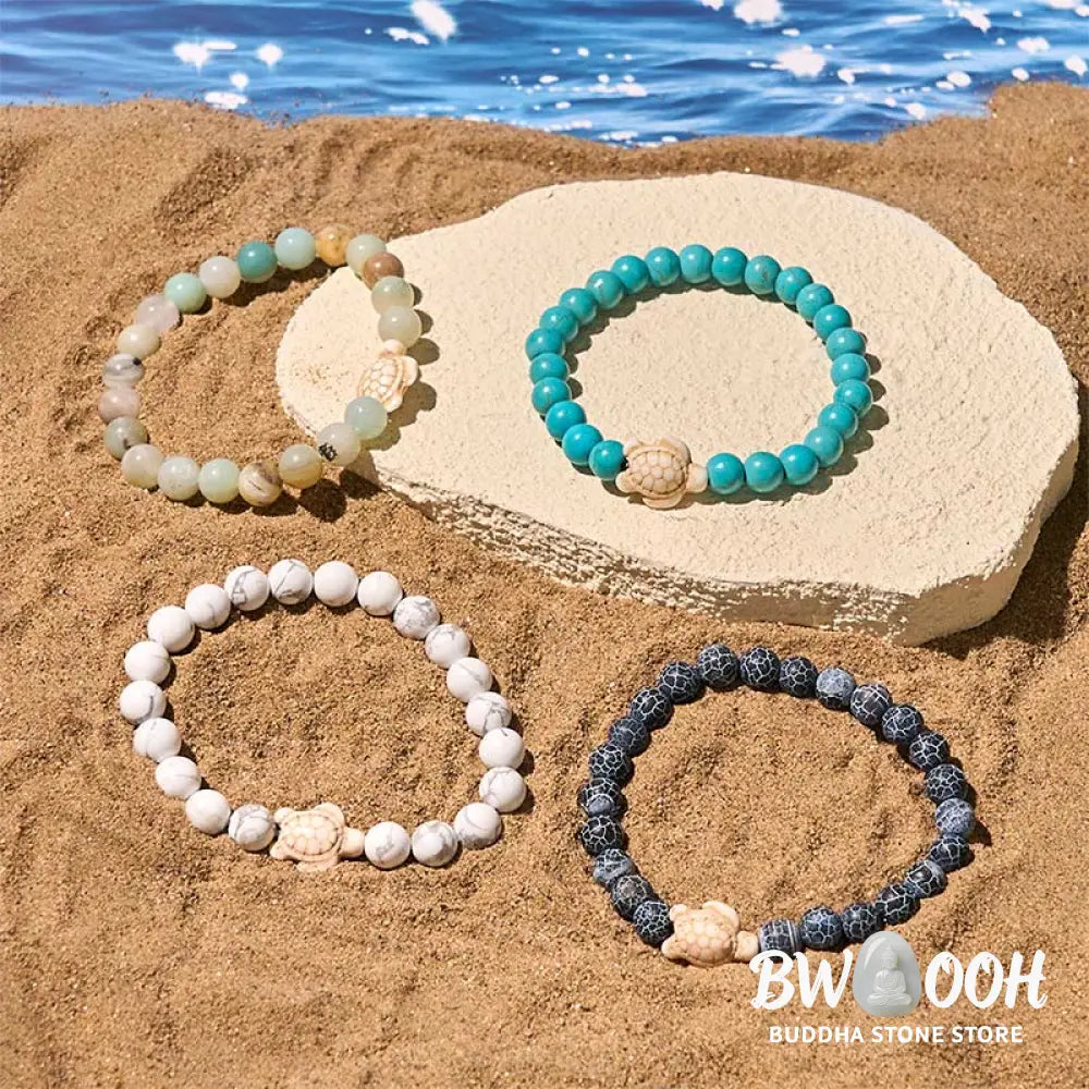 Buddha Stones Natural Stone Sea Turtle Turquoise Crackle Agate Wisdom Bracelet - Bracelet