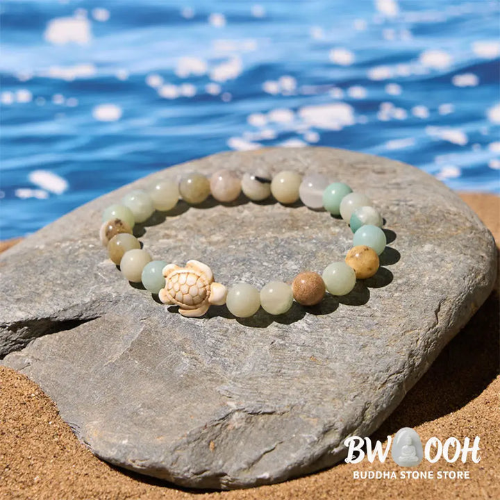 Buddha Stones Natural Stone Sea Turtle Turquoise Crackle Agate Wisdom Bracelet - Bracelet