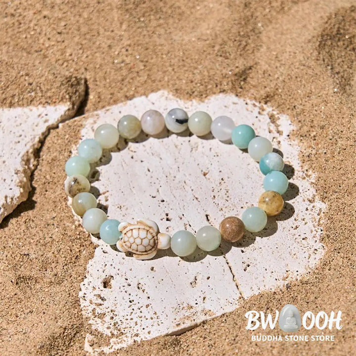 Buddha Stones Natural Stone Sea Turtle Turquoise Crackle Agate Wisdom Bracelet - Bracelet