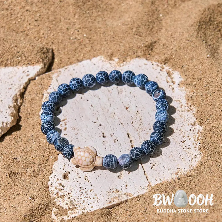 Buddha Stones Natural Stone Sea Turtle Turquoise Crackle Agate Wisdom Bracelet - Bracelet