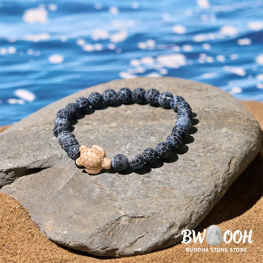 Buddha Stones Natural Stone Sea Turtle Turquoise Crackle Agate Wisdom Bracelet - Bracelet