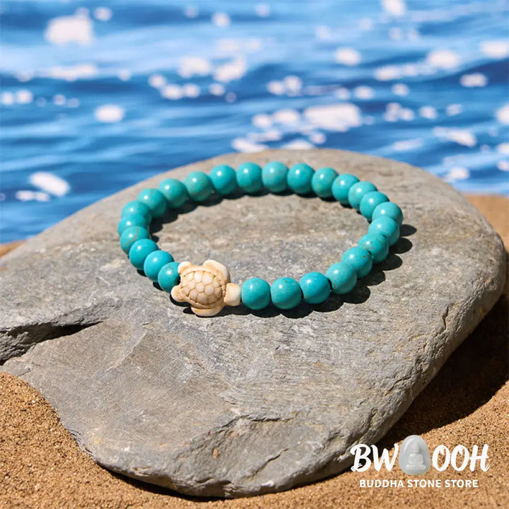 Buddha Stones Natural Stone Sea Turtle Turquoise Crackle Agate Wisdom Bracelet - Bracelet
