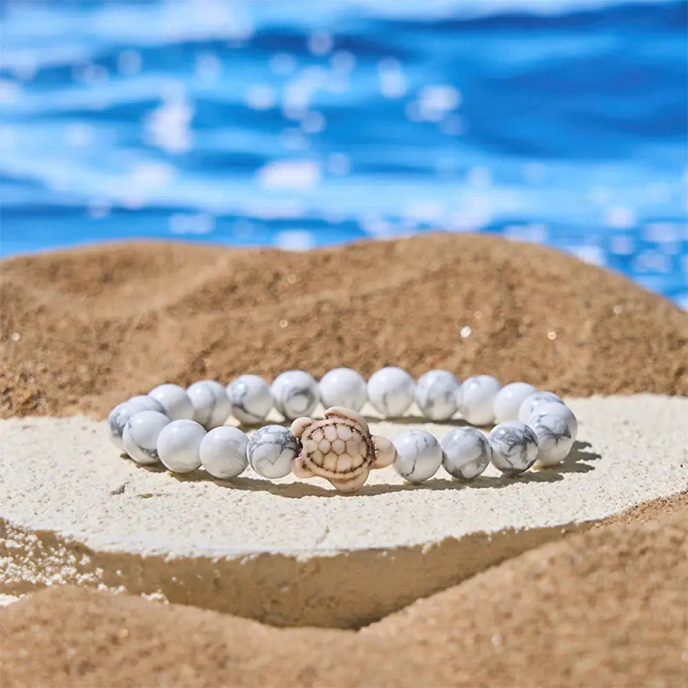 Buddha Stones Natural Stone Sea Turtle Turquoise Crackle Agate Wisdom Bracelet - White Turquoise(Wrist Circumference: