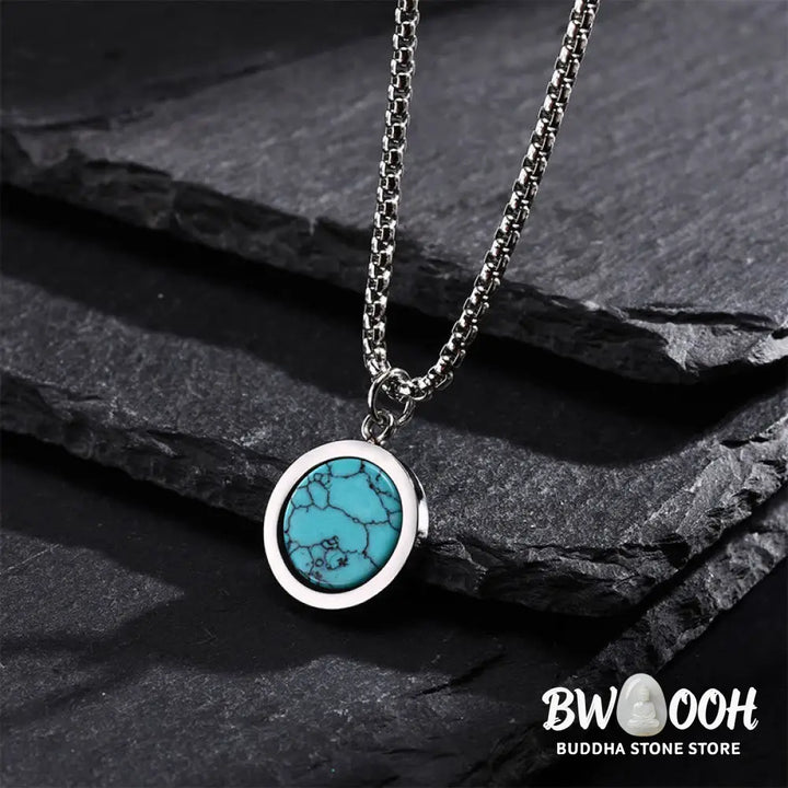 Buddha Stones Natural Stone Turquoise Tiger Eye Lazurite Malachite Titanium Steel Purification Necklace Pendant
