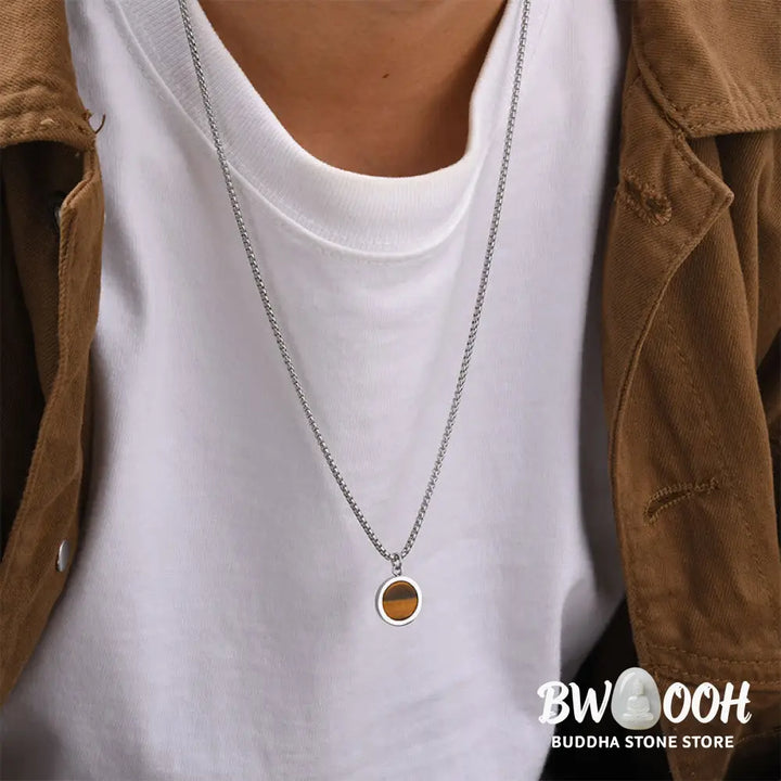 Buddha Stones Natural Stone Turquoise Tiger Eye Lazurite Malachite Titanium Steel Purification Necklace Pendant
