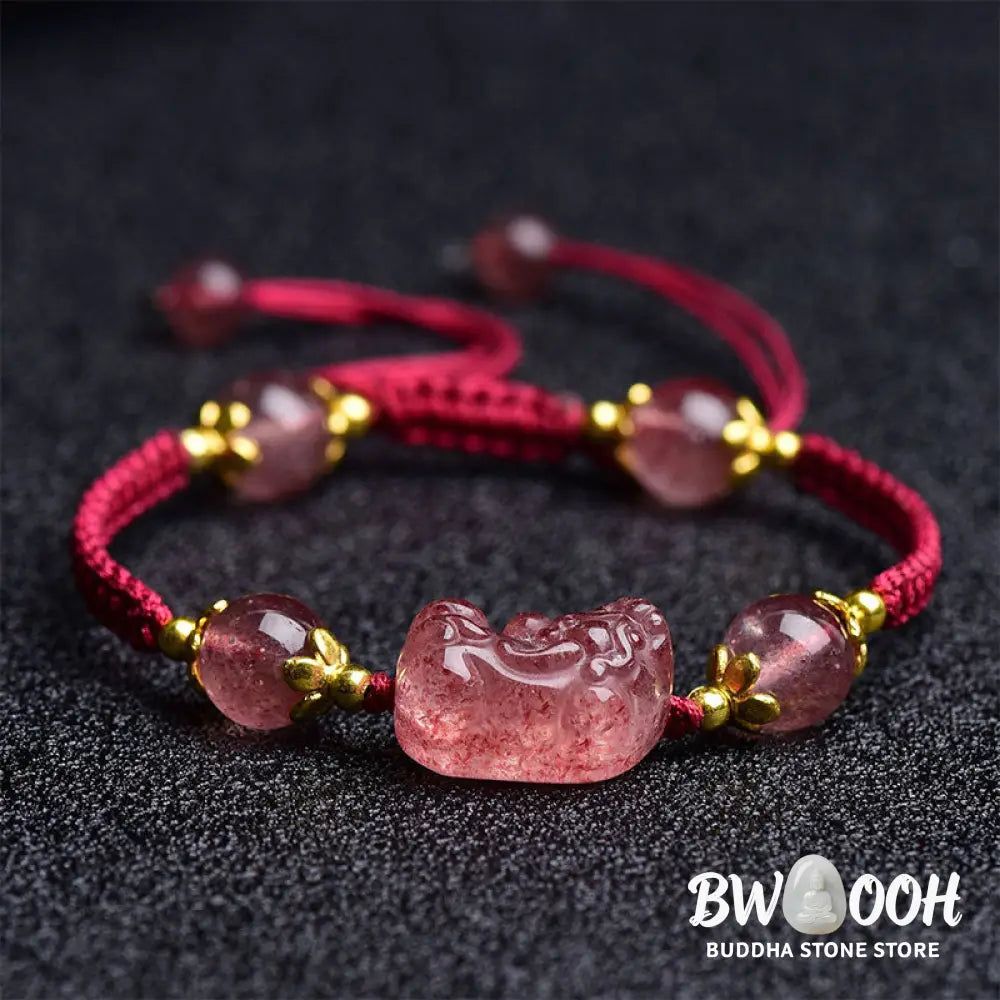 Buddha Stones Natural Strawberry Crystal Pixiu Charm Lucky Red String Bracelet - BWOOOH - Strawberry Quartz(Wrist