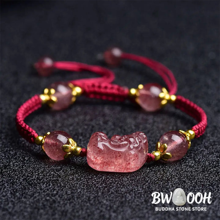 Buddha Stones Natural Strawberry Crystal Pixiu Charm Lucky Red String Bracelet - BWOOOH - Strawberry Quartz(Wrist