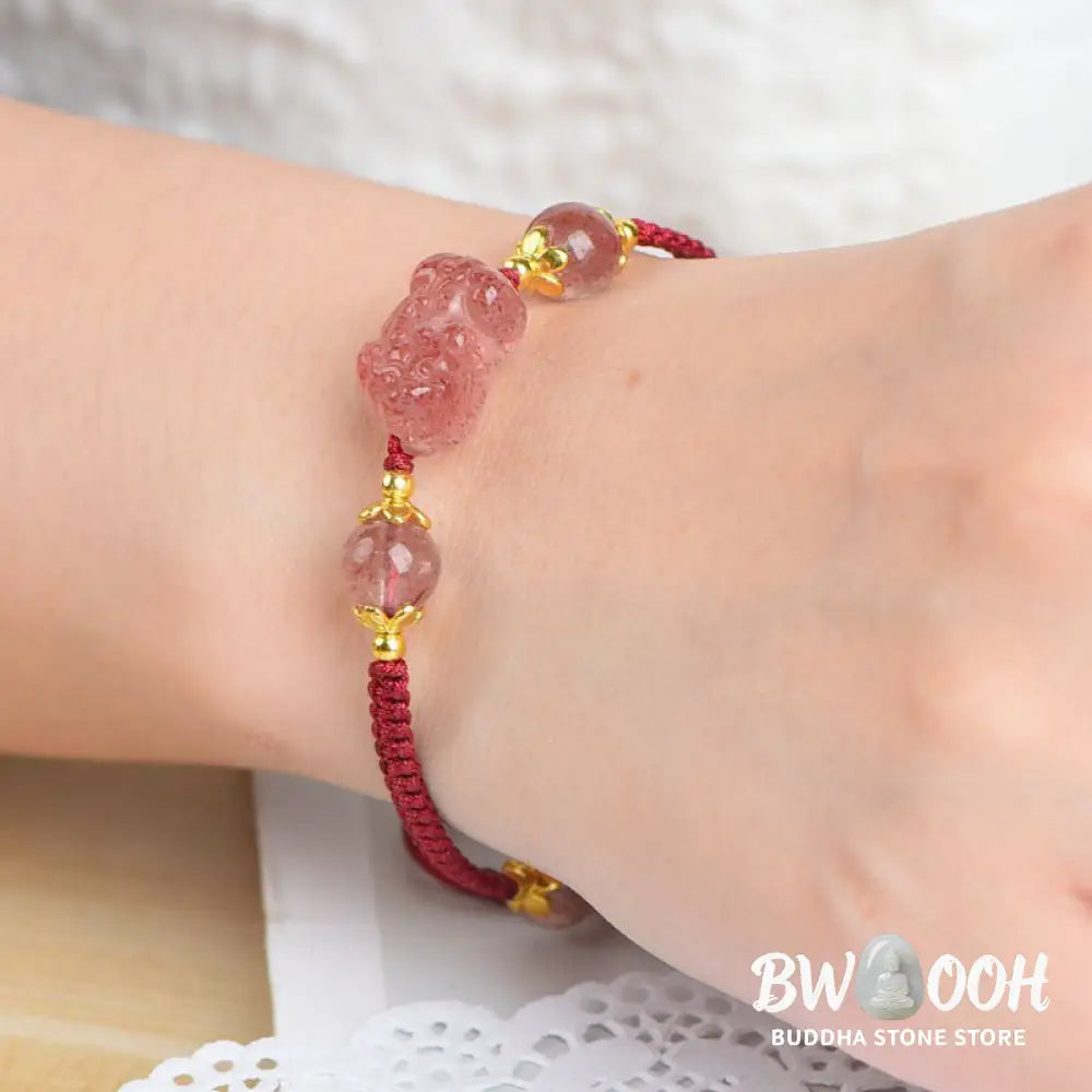 Buddha Stones Natural Strawberry Crystal Pixiu Charm Lucky Red String Bracelet - BWOOOH - Strawberry Quartz(Wrist